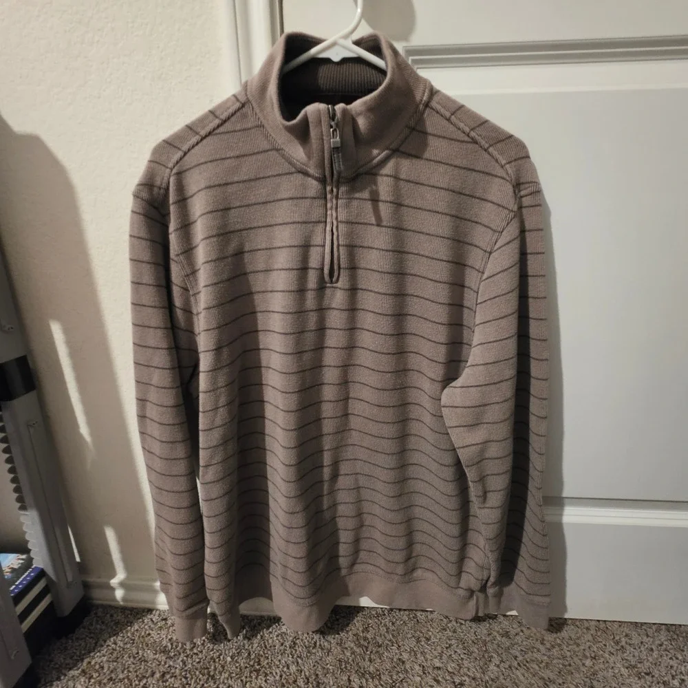Tasso Elba Mens Quarter Zip Pullover Sweater Taupe Brown Striped Cotton Blend L
